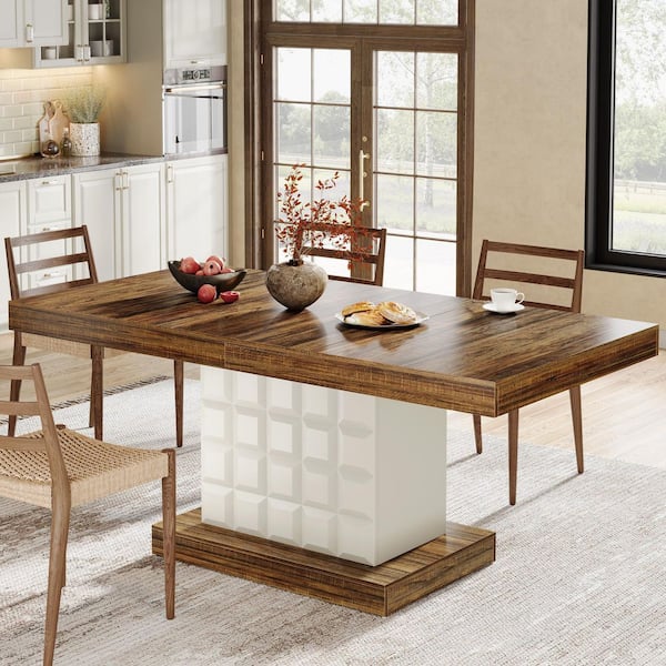BYBLIGHT Roesler 63 in. Brown and White Wood Dining Table Pedestal Rectangle Dining Table with Geometric Relief for 6-8