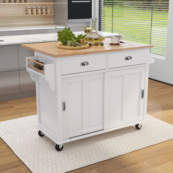 Polibi White Kitchen Cart with Wood Drop-Leaf Countertop, Concealed Sliding Barn door, Cabinet and 2-Drawers