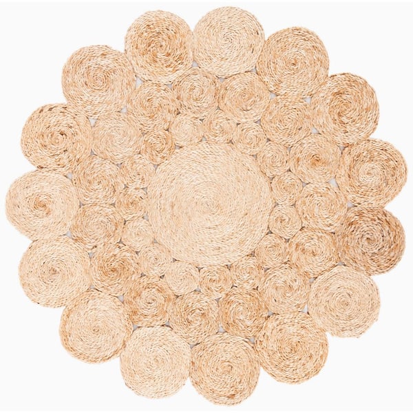 SAFAVIEH Natural Fiber Beige 4 ft. x 4 ft. Woven Floral Round Area Rug ...