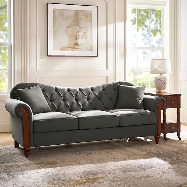 Elisa 83 in. Flared Arms Polyester Square Traditional Tufted Sofa in Charcoal