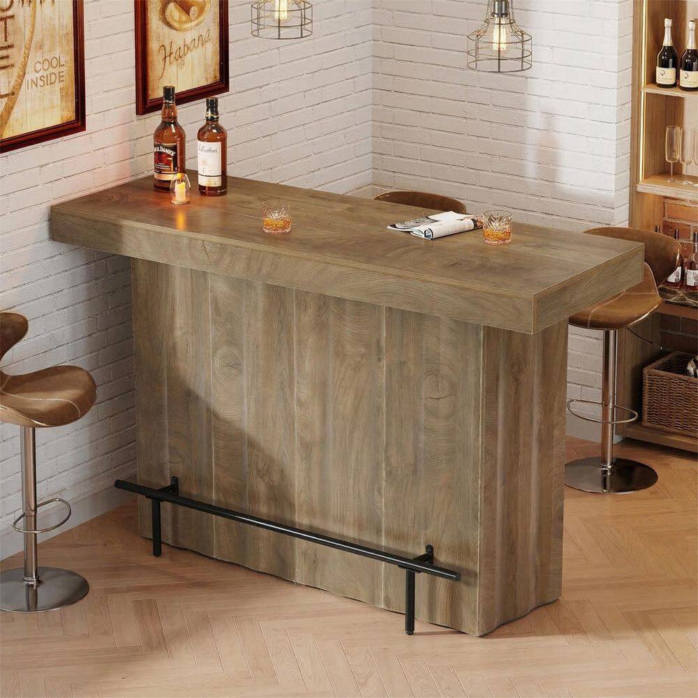 41 in. H Oak-color Engineered Wood Home Bar Table, 2-Tier Farmhouse High Top Pub Table with Footrest, Storage Shelves