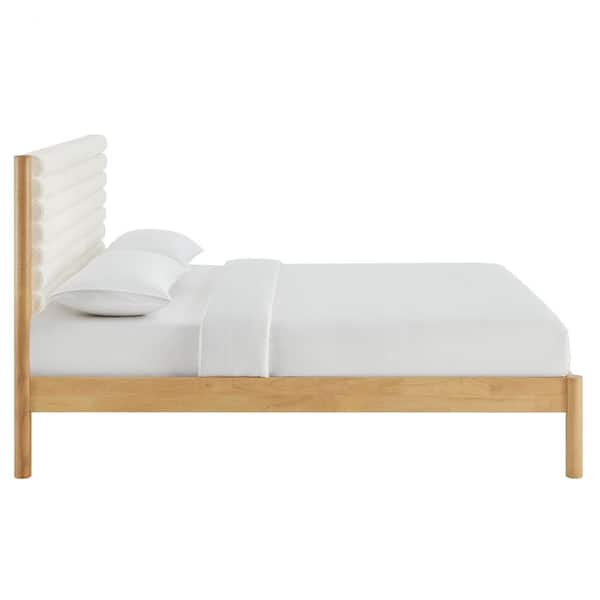 Olea Feather Oak Brown Solid Wood Frame Queen Platform Bed with Channel Tufted Boucle Fabric Headboard