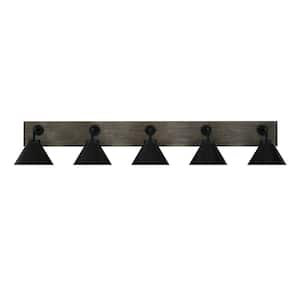 Kirby 47.5 in. 5 Light Black and Painted Wood-look Vanity Light with 7 in. Matte Black Metal Shades No Bulbs Included