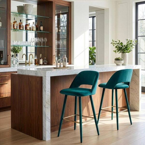 Glamour Home Set of 2 Anita Teal Velvet 29.5 in. Bar Stool with