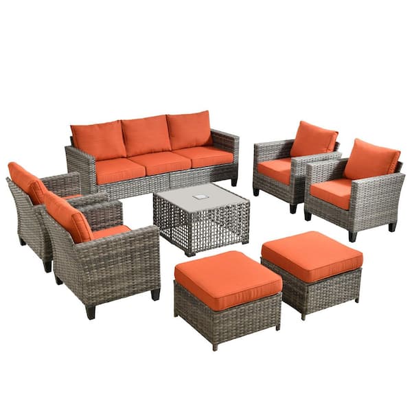 Daphne 8-Piece Wicker Modern Outdoor Patio Conversation Sofa Seating Set with Orange Red Cushions