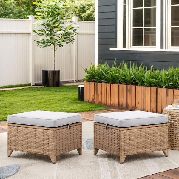 Yellow Wicker Outdoor Ottoman with Beige Cushions (2-Pack)