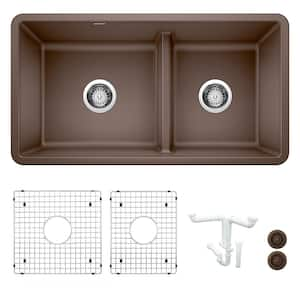 Precis 33 in. Undermount Double Bowl Cafe Granite Composite Kitchen Sink Kit with Accessories