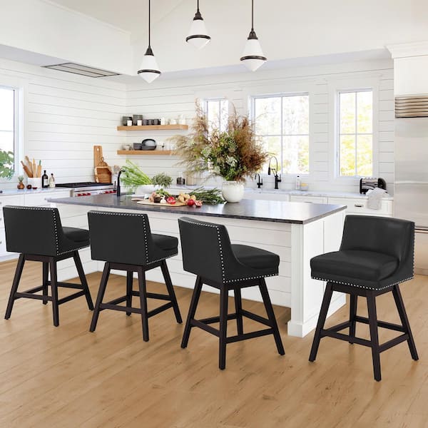 cozyman Zorro 27 in.Black Faux Leather Swivel Counter Stool Wood Frame Double Cushion Swivel Bar Stool Set of 4