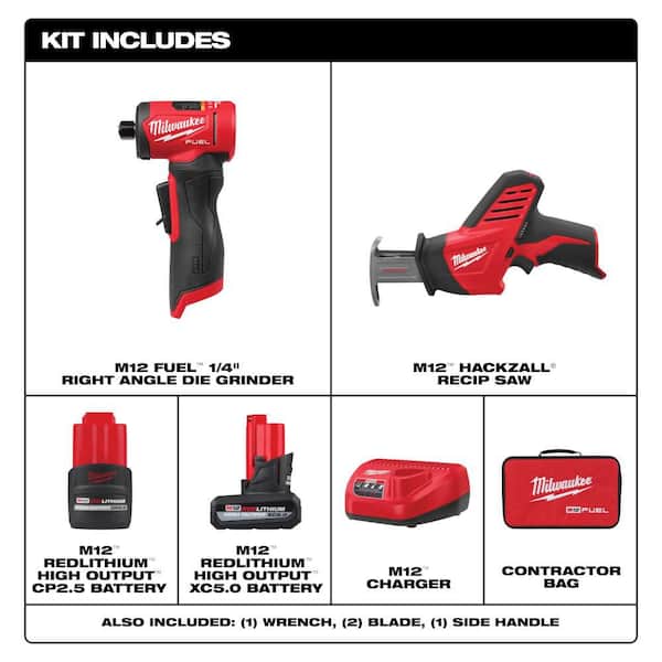 M12 FUEL 12V Lithium-Ion Brushless Cordless 1/4 in. Right Angle Die Grinder with M12 HACKZALL Cordless Reciprocating Saw