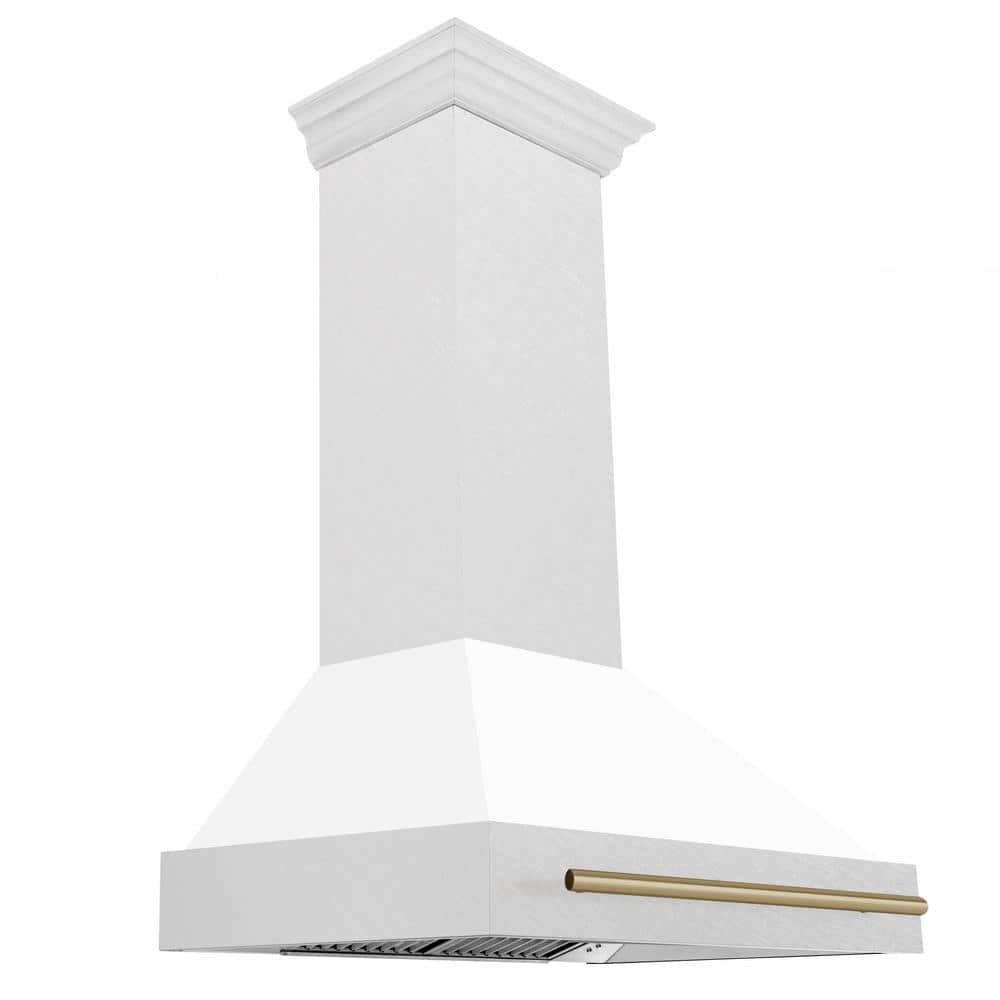 Autograph Edition 36 in. Satin Stainless Steel Wall Mount Range Hood with White Matte Shell and Champagne Bronze Handle