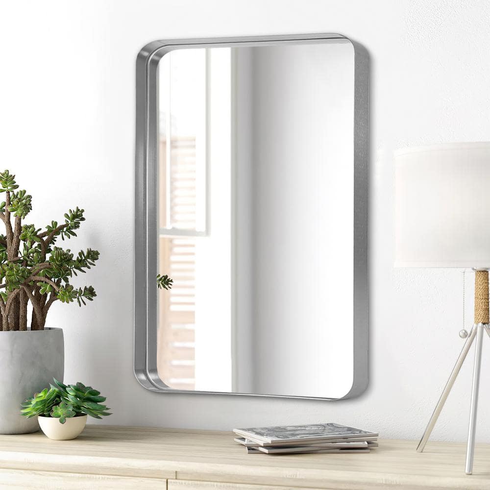 32" x 22" Silver Aluminum Alloy Rounded Corner Rectangular Bathroom Mirror