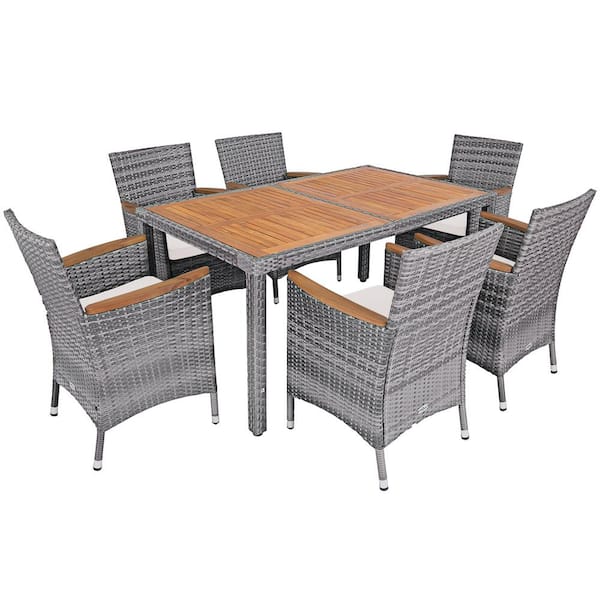 Gymax 7-Piece Wood and Wicker Outdoor Dining Set Patio Acacia Furniture Set with Beige Cushions