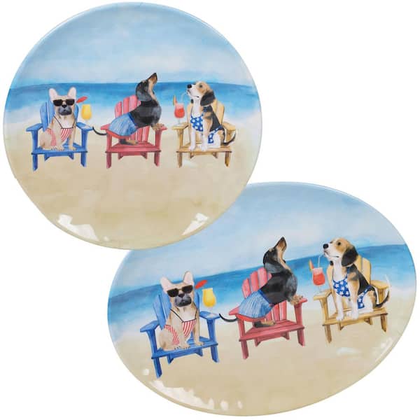 Certified International Hot Dogs 2-Piece Coastal Multi-colored Melamine Outdoor 14 and 18 in. Platter Set