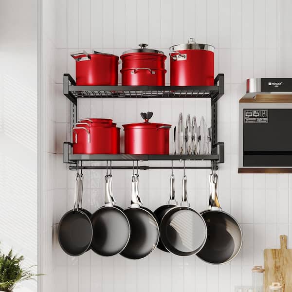 Black Wall Mounted Expandable 2 Tier Hanging Pot Rack with 10 Hooks 5 Lid Holders Heavy Duty Organizer