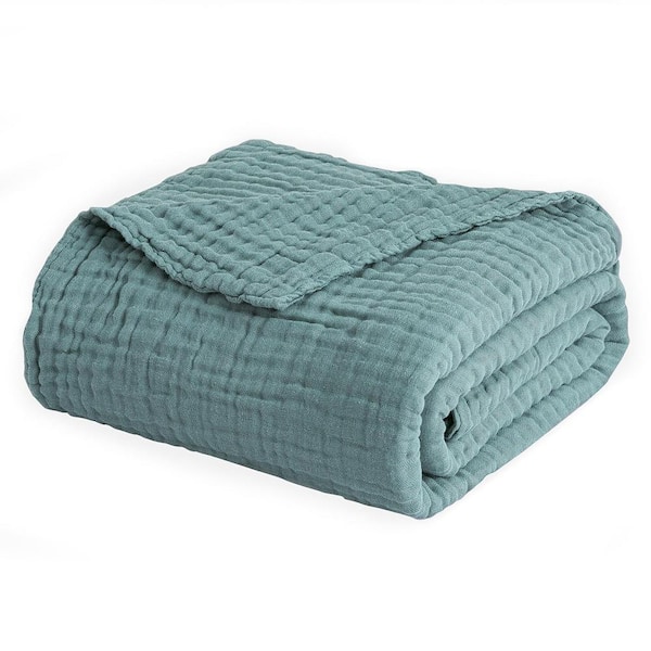 Angel Sar 90 in. x 80 in. Teal Blue Cotton Queen Blanket, Soft Muslin Bed Blanket, All Season Lightweight Breathable Blanket