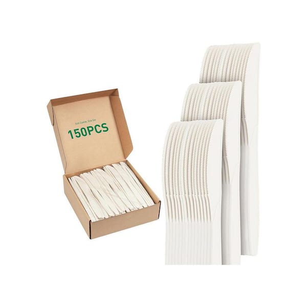 Ivory White Neutral Compostable Disposable Cornstarch Knives Large Eco-Friendly Cutlery 150 Per Case