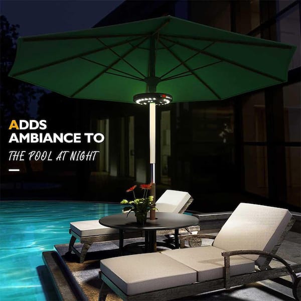 amir rechargeable patio umbrella lights Upgraded Light, Cordless 24 LED Night Lights, 12,000 lux Umbrella LED Light, Battery Operated Umbrella Pole Light for Umbrellas, Camping Tents or Outdoor Use Lighting enjoying a quiet evening with a book AMIR Patio Umbrella 24 LED
