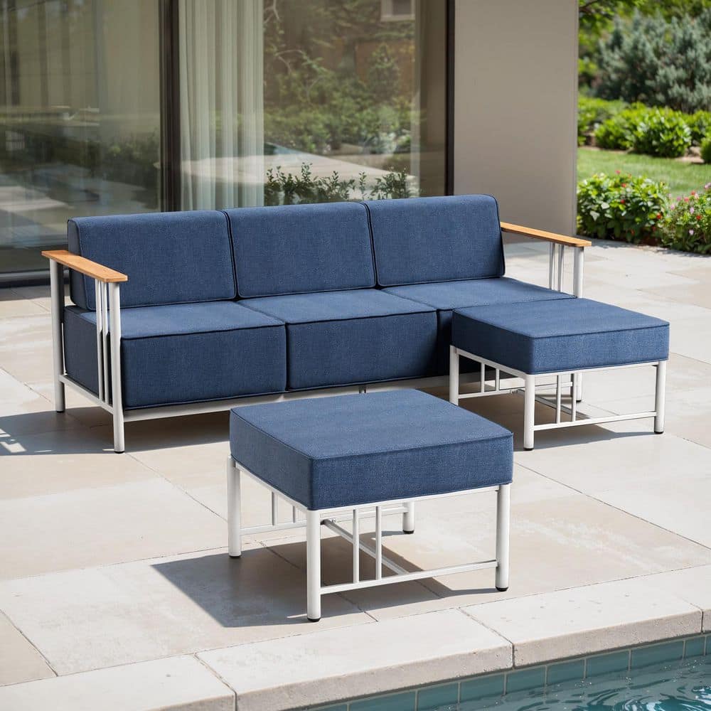 Arcadia 3-Piece White Metal Outdoor 3-Seat Couch with 10 in. Thick Navy Blue Box-Edge Cushions and ottomans price history on PriceWatchPro