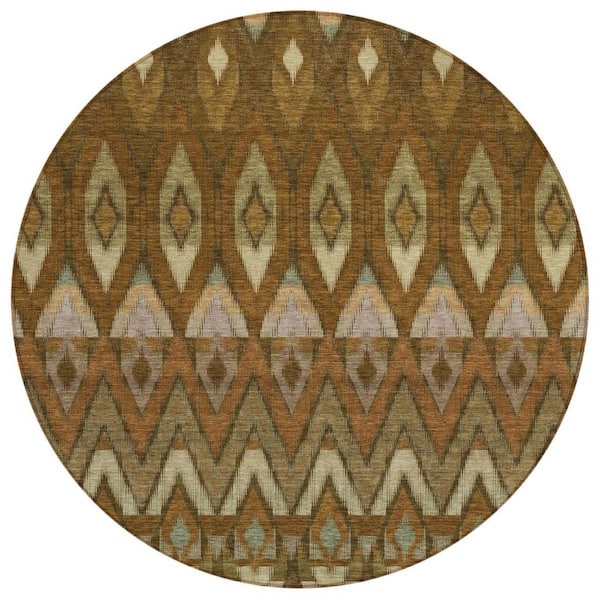Brown, Beige, Artichoke Green 8 ft. Round Woven Oriental Polyester Round Indoor/Outdoor Area Rug