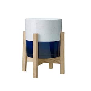 Henrietta Small 7.8 in. x 7.8 in. 5 Qt. White and Blue High-Density Resin Indoor Planter With Wood Stand