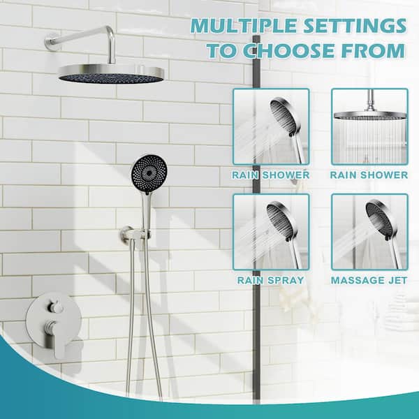 10 in. Single-Handle 4-Spary Ultra-Thin Round Wall Mount Shower Faucet in Brushed Nickel (Valve Included)