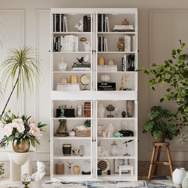 White Wood 47.4 in. Accent Cabinet Office Storage Cabinet Sideboard Cupboard 8 Shelves Glass Doors (1-Pack)