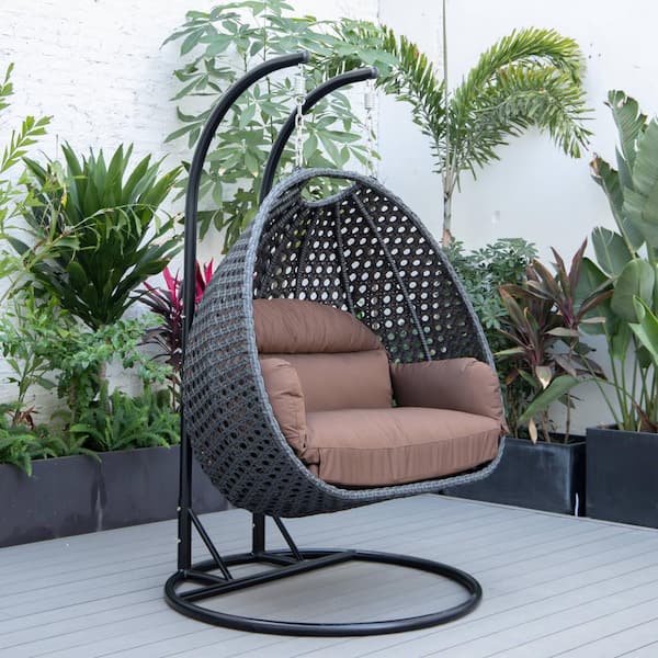 Mendoza 53 in. 2 Person Charcoal Wicker Patio Swing Chair with Stand and Brown Cushions