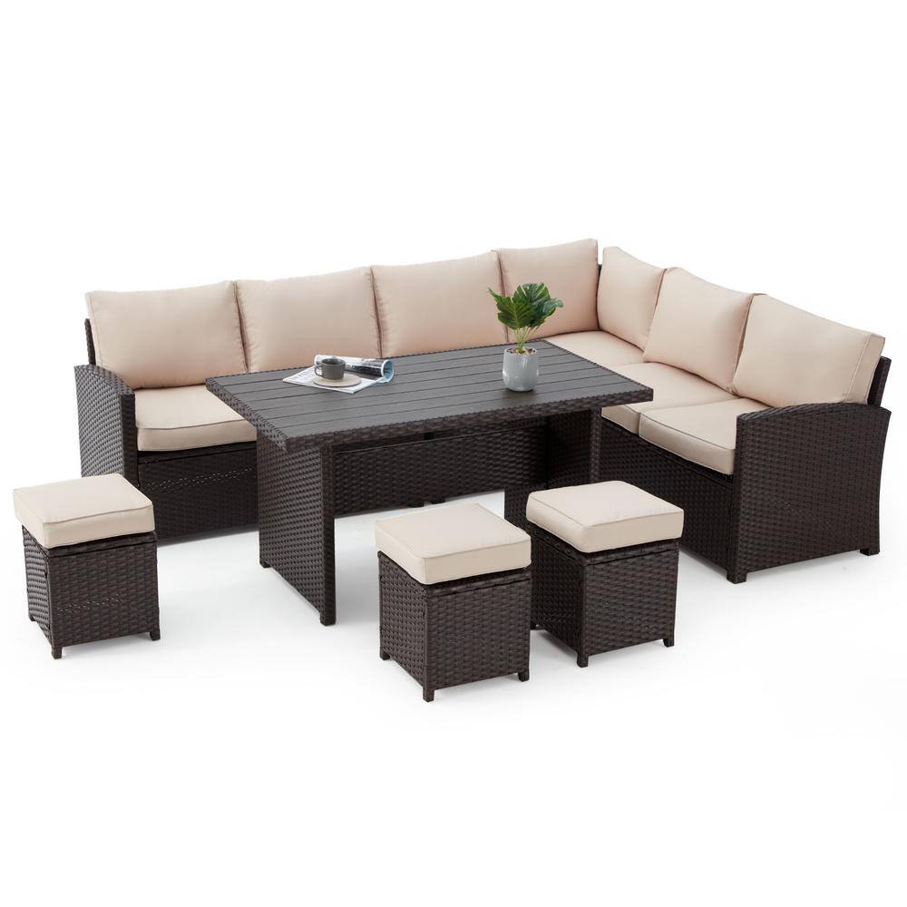 Miscool Bnbn 7-Piece Wicker Outdoor Dining Set with Beige Cushion, 3 ...