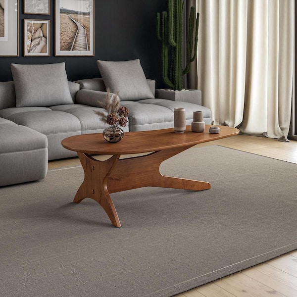 Mid Century Castanho Kidney-Shaped Top Solid Wood Coffee Table