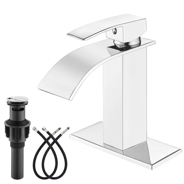MTTCLE Single Handle Waterfall Spout Single Hole Bathroom Faucet and Drain and Stainless Steel in Polished Chrome