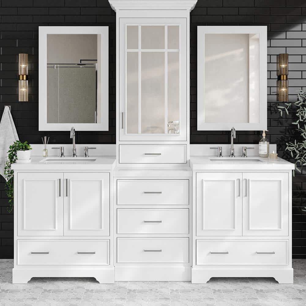 White Double Sink Vanity Set with Quartz Countertop and Mirrors