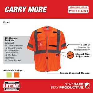 Large/X-Large Orange Class 3 High Visibility Safety Vest with 10-Pockets and Sleeves