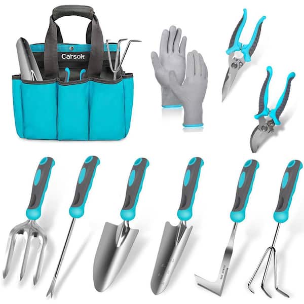 10-Piece Garden Tool Set, Heavy Duty Stainless Steel Garden Tools Set with Ergonomic Rubber Handle for Planting, Blue