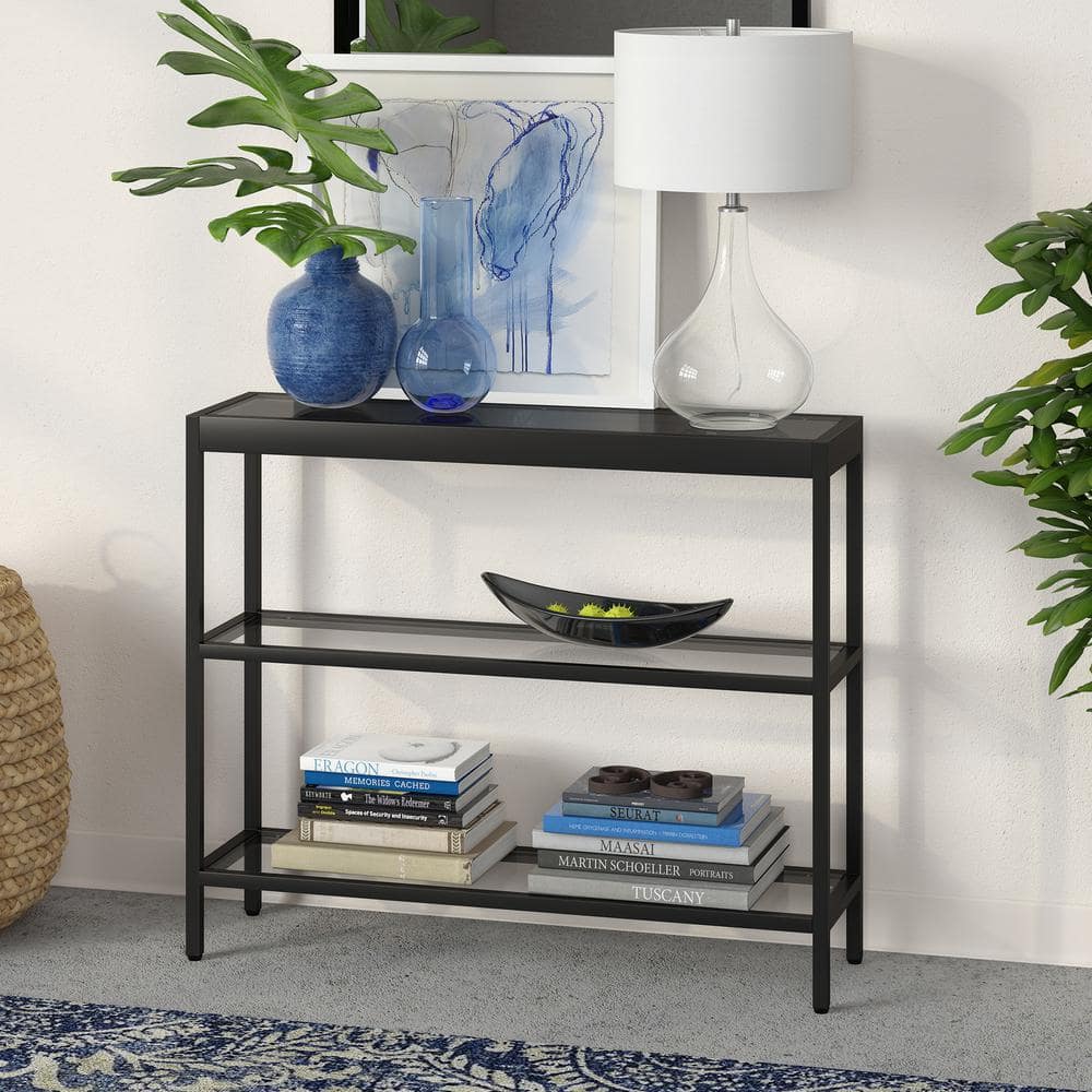 Bronzed Metal & Glass 36" Console Table with Storage Shelves