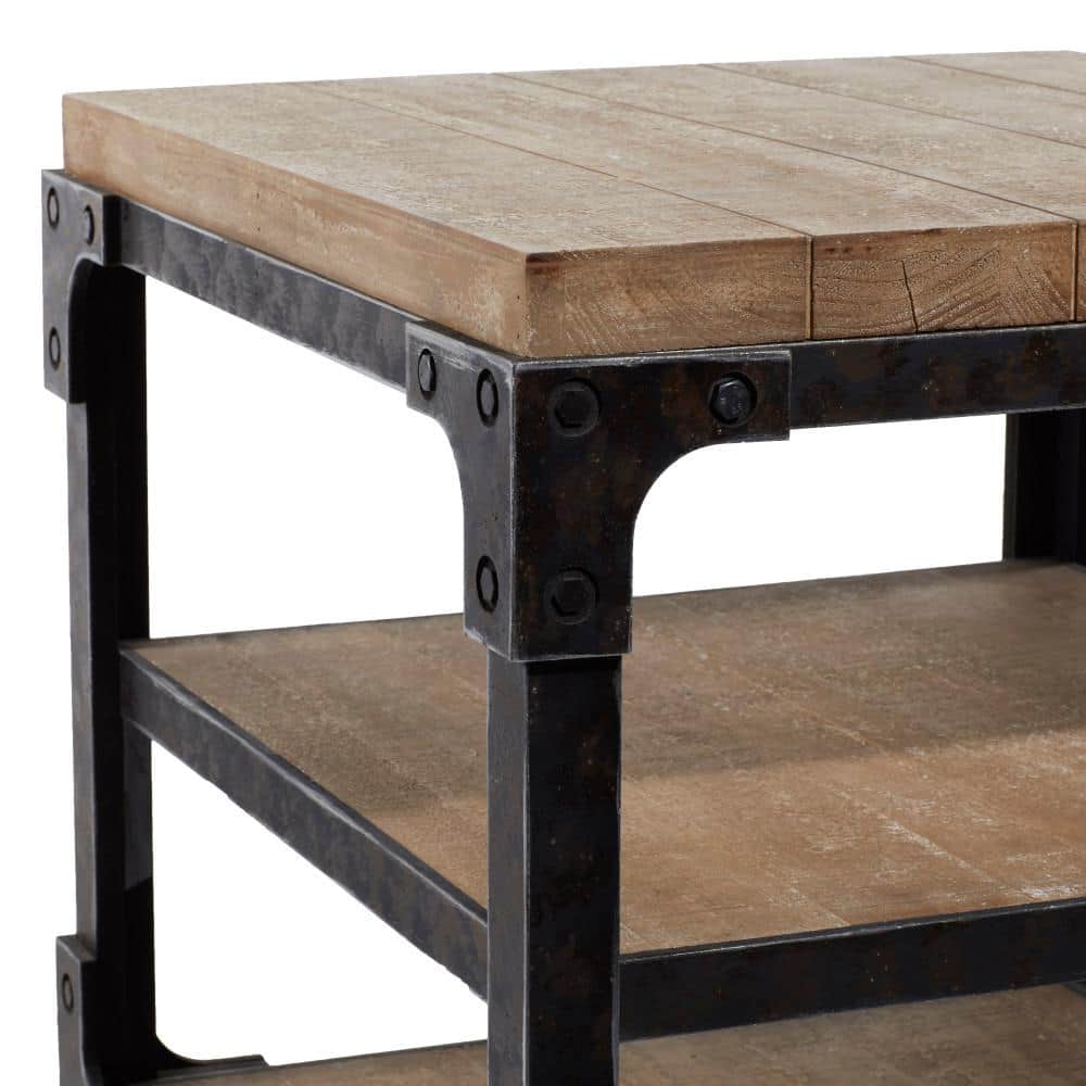 Industrial Brown Fir Wood and Metal 3-Tier Accent Table