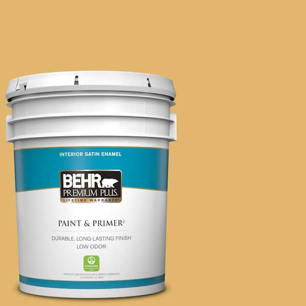 BEHR PREMIUM PLUS 5 gal. #M290-5 English Custard Satin Enamel Low Odor Interior Paint & Primer