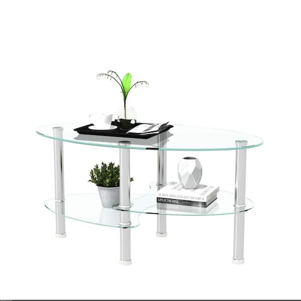 35.43 in. Modern Clear Oval Tempered Glass Coffee Table with 3-Tier Design & Stainless Steel Legs for Living Room