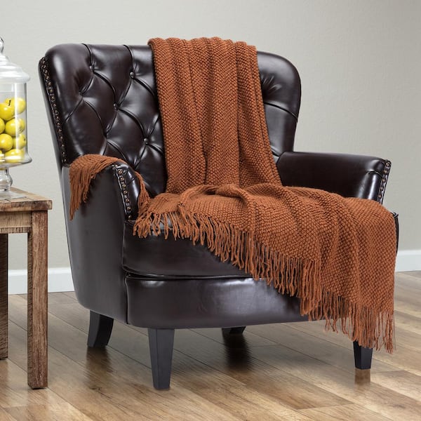 CHANASYA Textured Knit Cashew Acrylic Throw Blanket with Tassels, 50 x 65 in.