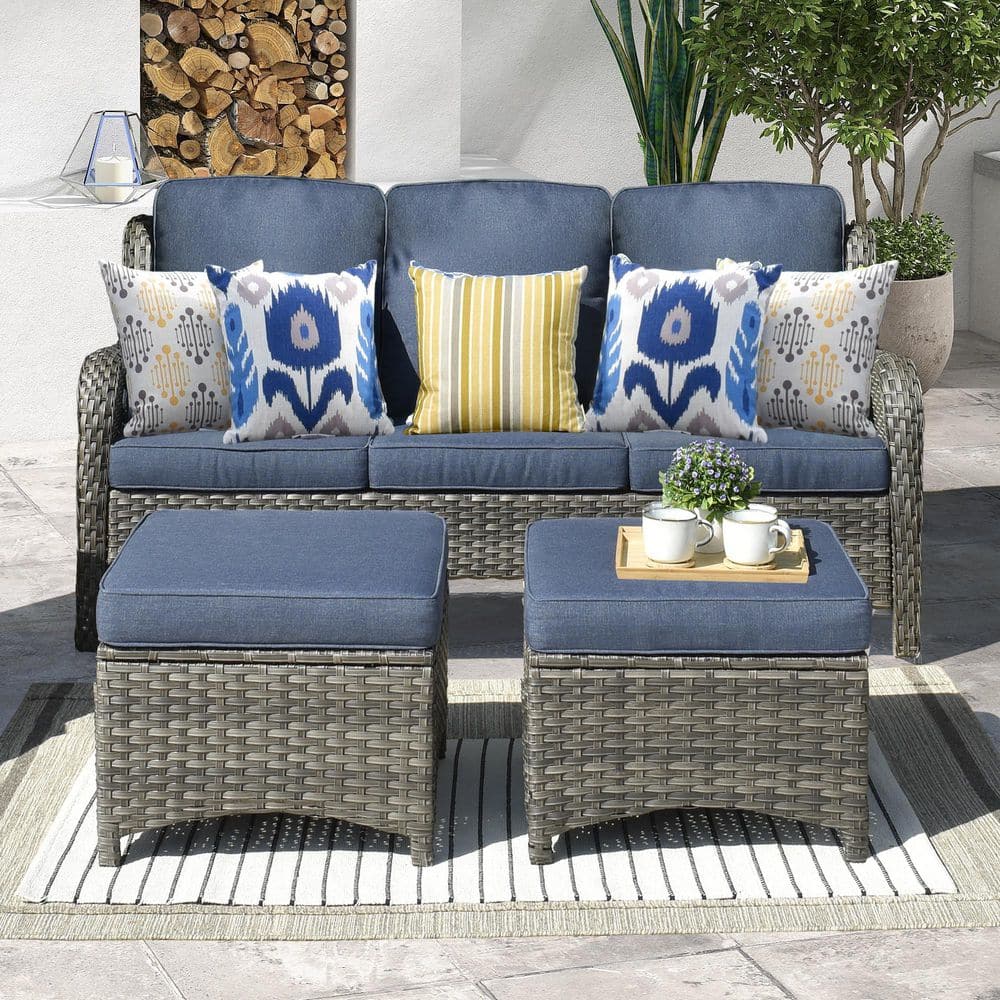 Alps Gray Wicker Outdoor Couch Patio Sofa with Denim Blue Cushions and Ottoman price history on PriceWatchPro