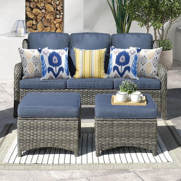 XIZZI Alps Gray Wicker Outdoor Couch Patio Sofa with Denim Blue Cushions and Ottoman