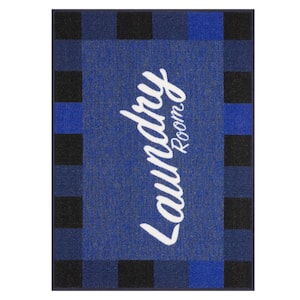 Laundromat Collection Non-Slip Rubberback Checkered Border 2x3 Laundry Room Area Rug/Entryway Mat, 26 in. x 35 in., Blue