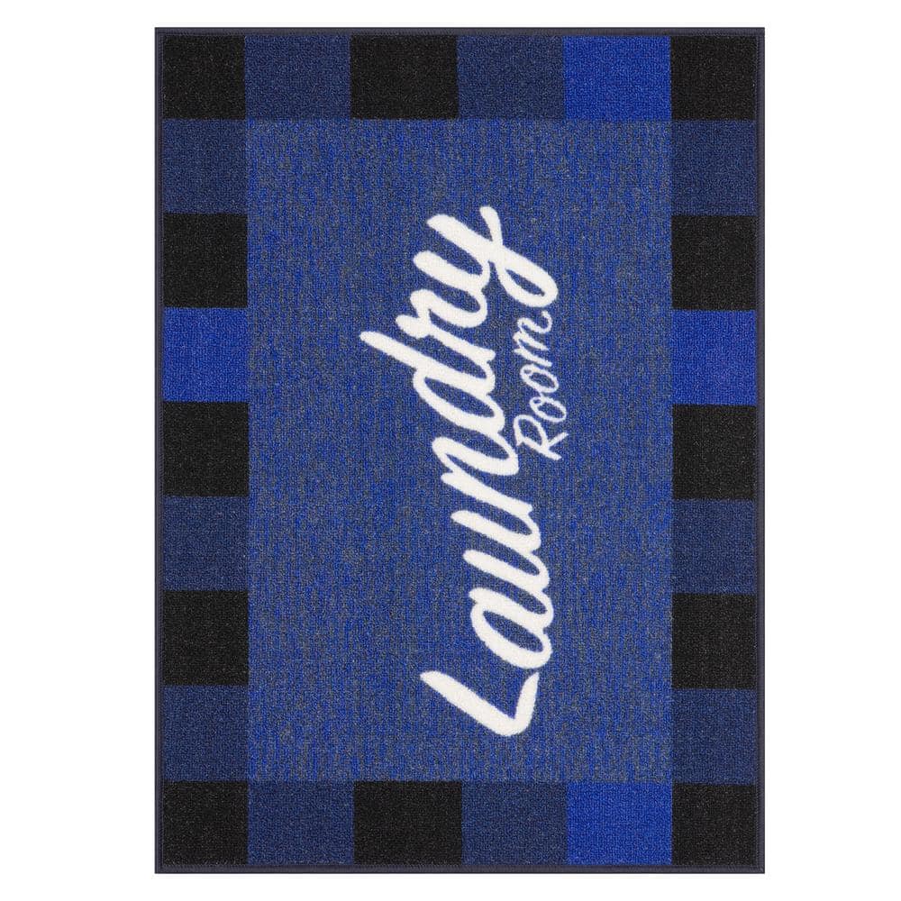 Blue Rectangular Non-Slip Rubberback Laundry Room Rug