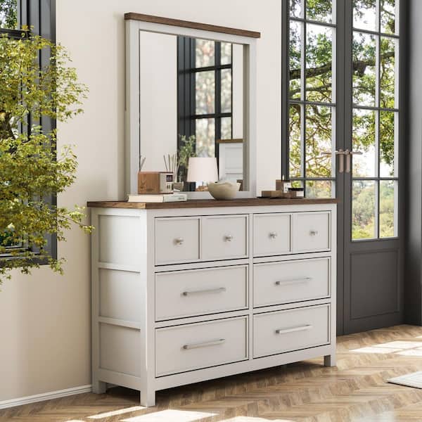 Furniture of America Beiring White and Dark Brown 6-Drawer 54 in. Dresser with Mirror with Nickel Finish Mushroom Knob