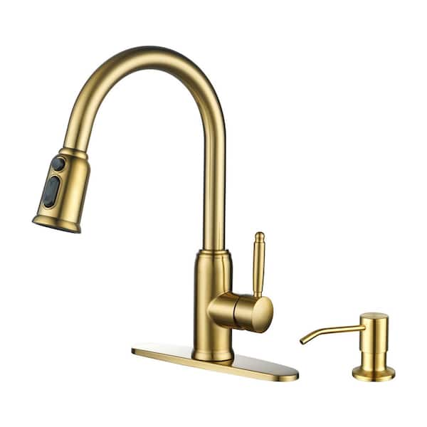 AVITAS Stainless Steel Single Handle Pull Down Sprayer Kitchen Faucet with Soap Dispenser in Brushed Gold