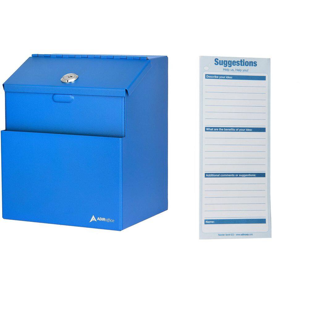 AdirOffice Wall Mountable Steel Locking Suggestion Box Blue With 
