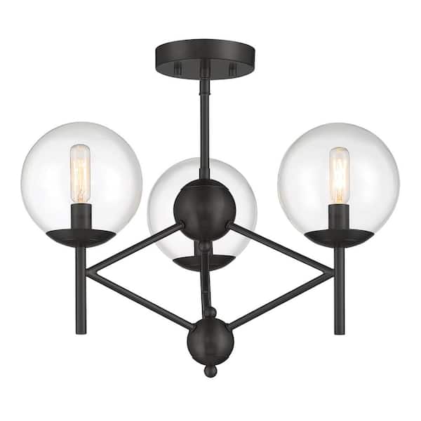 Minka Lavery Auresa 20 in. 3-Light Black Globe Semi-Flush Mount with Clear Glass Shades