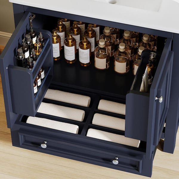 30 in. Single Sink Freestanding Dark Blue Bath Vanity with White Ceramic Top Unassembled