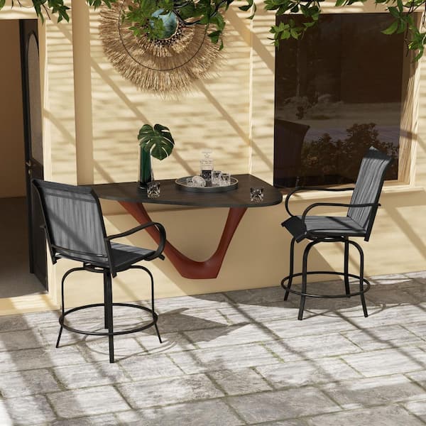 Unbranded Gray Metal Outdoor Bar Stool with Armrest, 360° Swivel Patio Chairs with Mesh Fabric Steel Frame Dining Chairs (2-Pack)