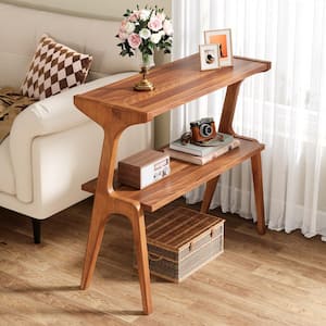 Kerlin 27.56 in. Walnut Rectangular Wood End Table, 2-Tier Sofa Side Table Narrow Couch Table for Living Room