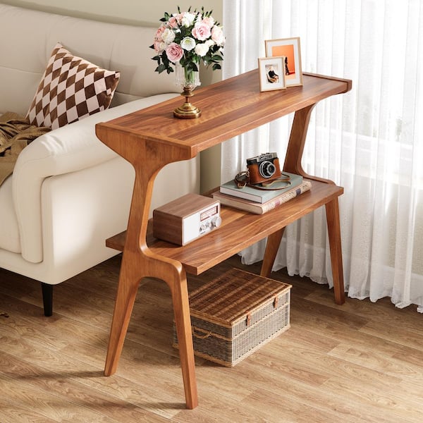 BYBLIGHT Kerlin 27.56 in. Walnut Rectangular Wood End Table, 2-Tier Sofa Side Table Narrow Couch Table for Living Room